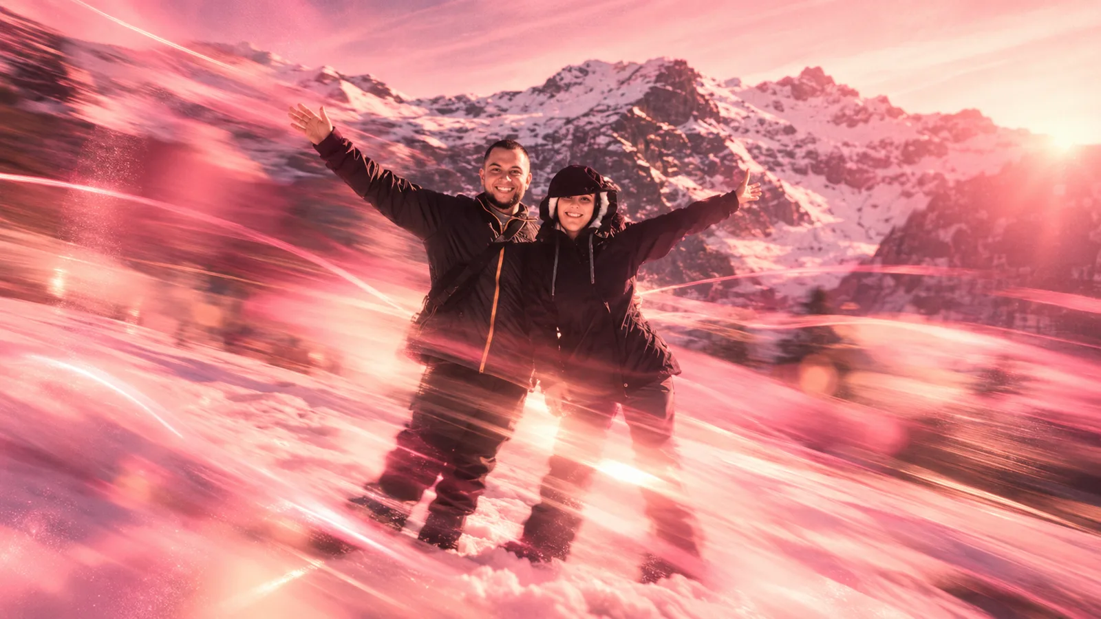 Eu e minha esposa na neve, com montanhas ao fundo e rastros de movimento