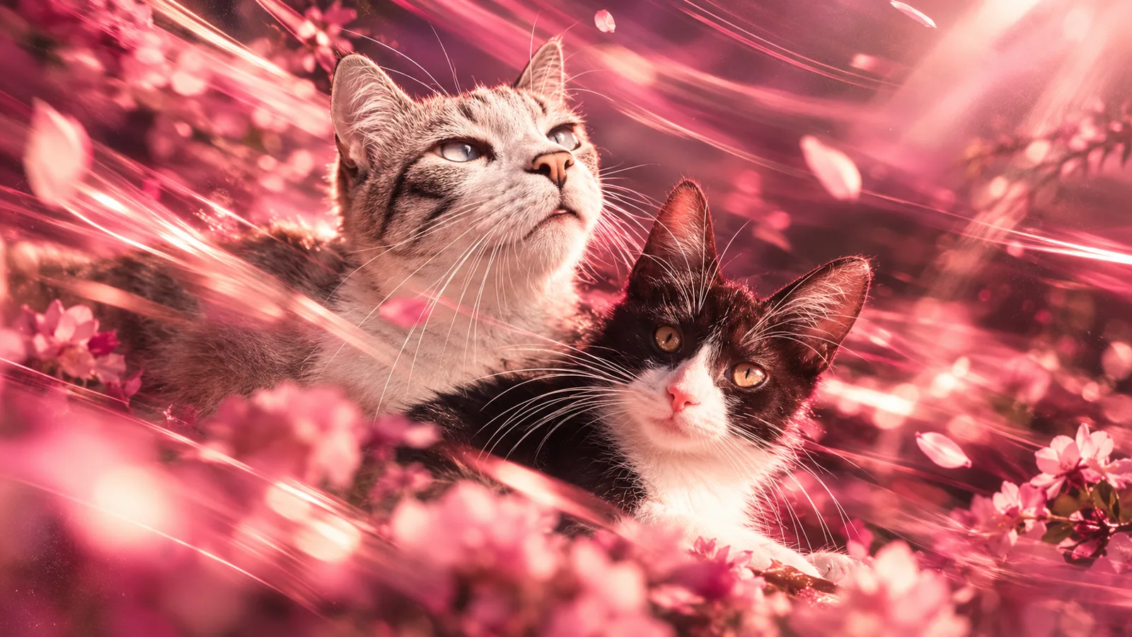 Yami e Yume, meus gatos, entre flores cor-de-rosa